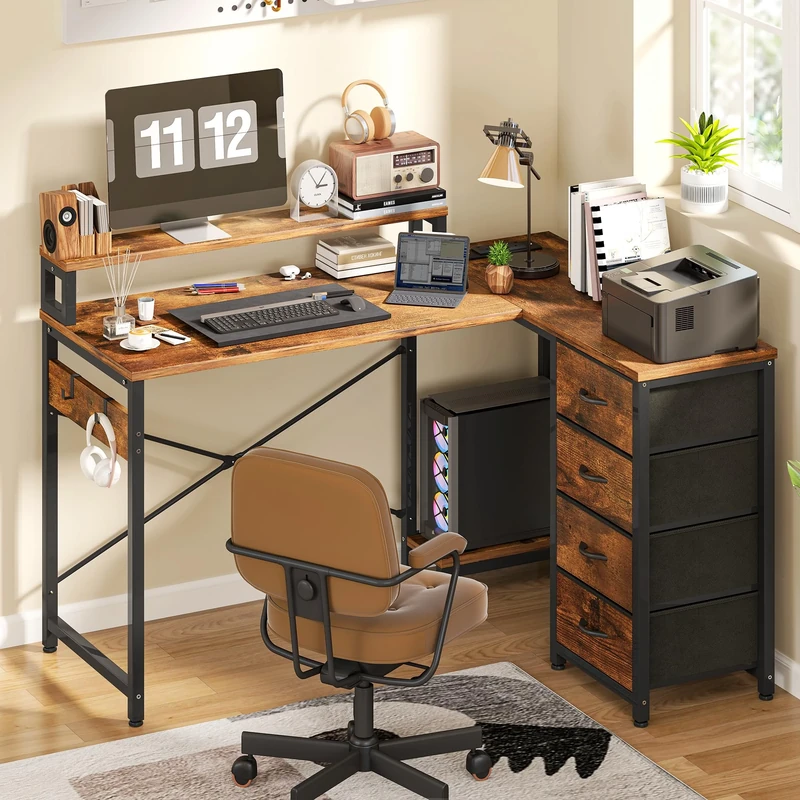 YITAHOME Computer Desk with Drawers, L Shaped Gaming Desks with LED Lights & Power Outlets, Reversible Corner Desks with Storage, Home Office Desk with Monitor Stand and PC Stand 130×100 cm, Vintage