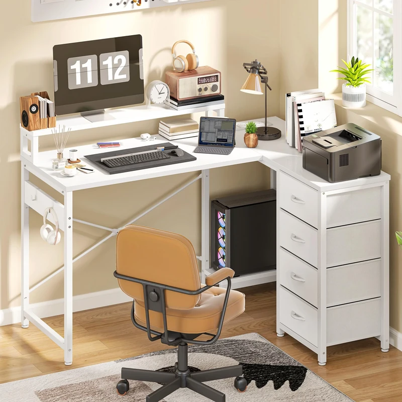 YITAHOME Computer Desk with Drawers, L Shaped Gaming Desks with LED Lights & Power Outlets, Reversible Corner Desks with Storage, Home Office Desk with Monitor Stand and PC Stand 130×100 cm, White