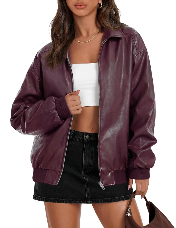 MEROKEETY Women's Oversized Faux Leather Jacket Fall Winter Zip Up Motorcycle Coats Fashion Outfits Clothes 2025, Burgundy, Medium