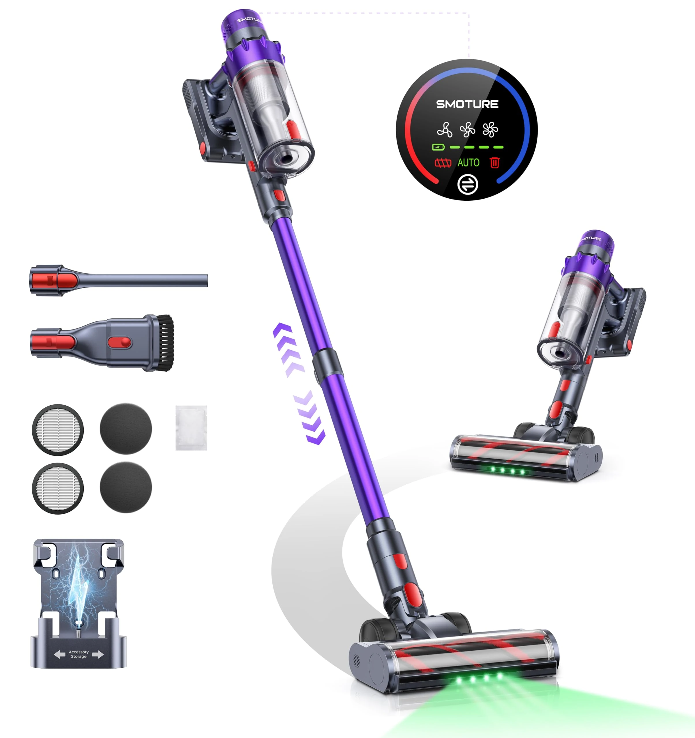 SMOTURE Cordless Vacuum Cleaner, 600W 50KPA Stick Vacuum with Touch Screen, Up to 65 Mins Runtime, Self-Standing Vacuum with Auto Mode, Lightweight Vacuums for Hardwood Floor Carpet Car Pet Hair