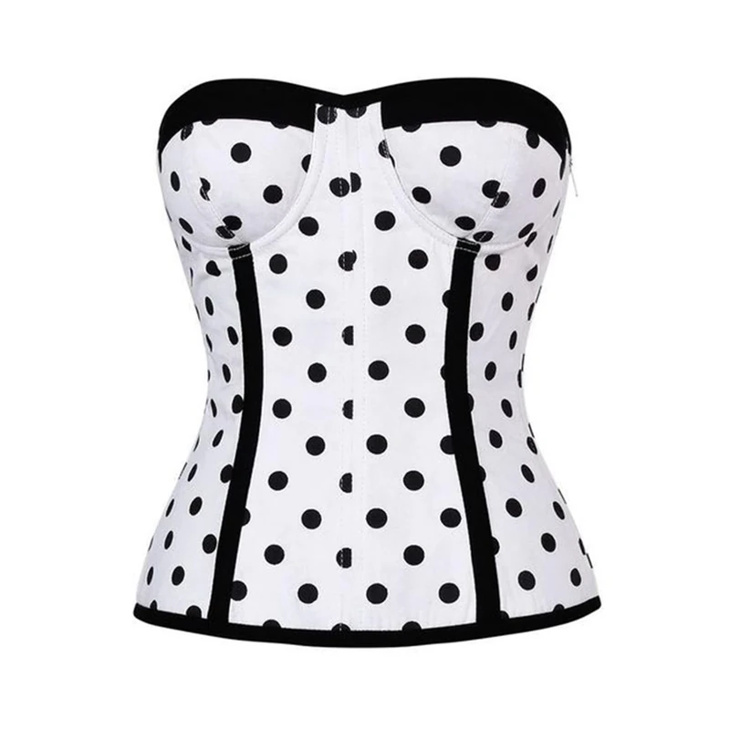 CorsetsNmore Women’s White Satin Black Polka Dot Gothic Overbust Bustier Corset
