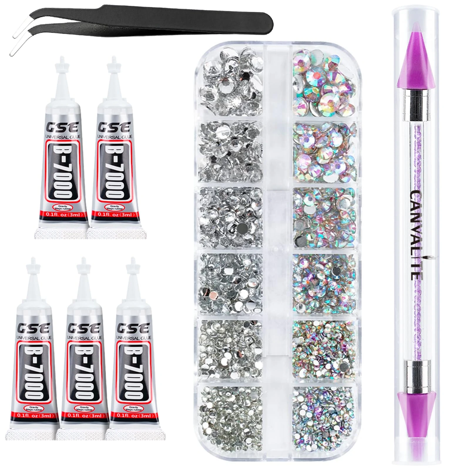 Canvalite 2784PCS Rhinestones with 5Pcs 3ml B7000 rhinestone glue,6 Sizes Flat Back Gems, Crystal AB Nail Art Gems with Pick Up Tweezers and Rhinestone Picker Dotting Pen, Tools for Nails, Face, Craft