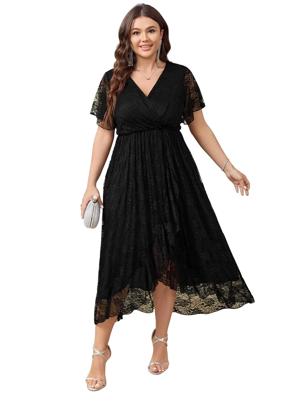 SCOMCHIC Womens Plus Size Wedding Guest Dress Formal Lace Wrap V Neck High Low Short Sleeve Cocktail Maxi Dresses XL-4XL, Black, 3XL Plus