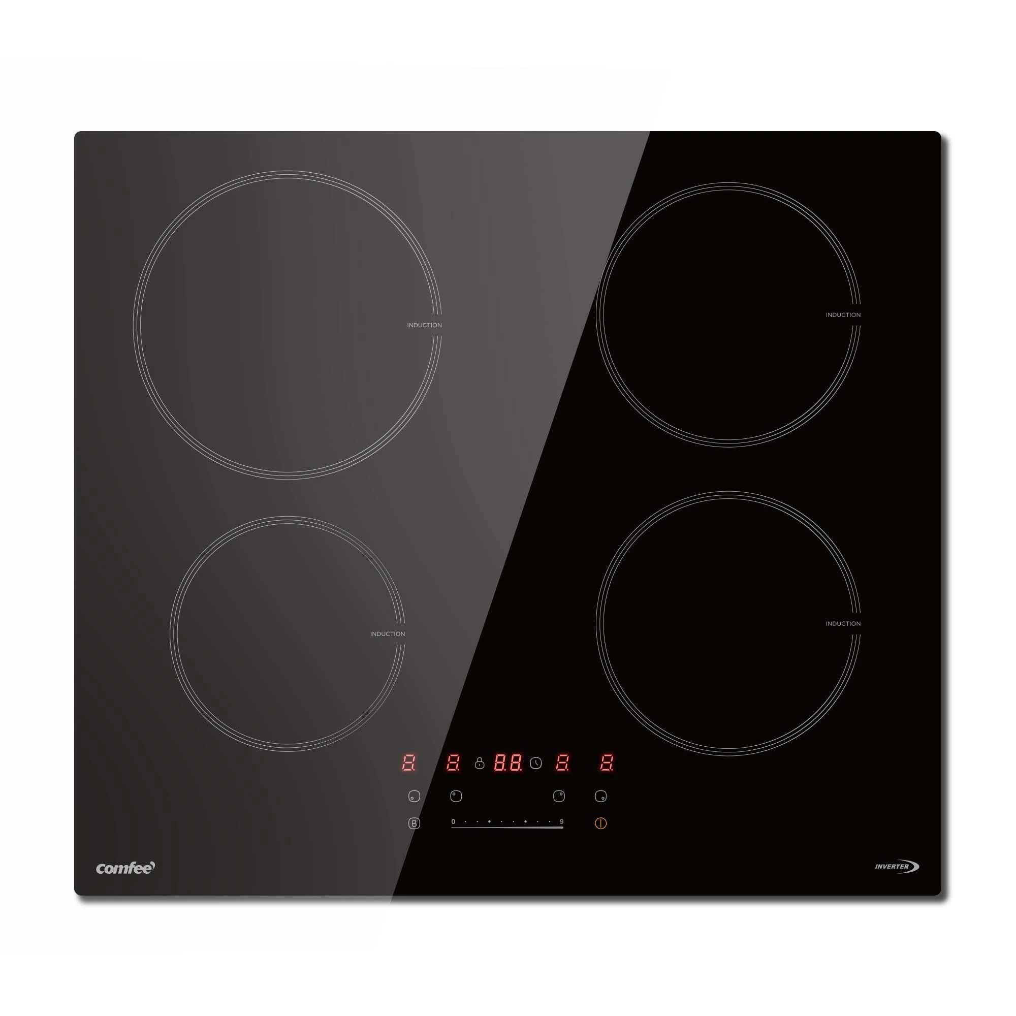 COMFEE' CIH741F238K0 7200W Built-in Induction Hob with 4 Cooking Zones, 9 Power Levels, 20% larger Heating Area with Boost Function, Easy to clean, Touch Control, Child Safety Lock