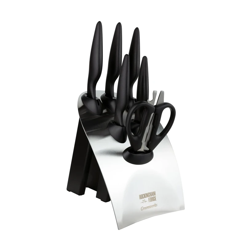 Rockingham Forge Greenworks 7 Piece Knife Block Set with Scissors, Black Recycled Plastic, German Stainless Steel, Dishwasher Safe Kitchen Knives