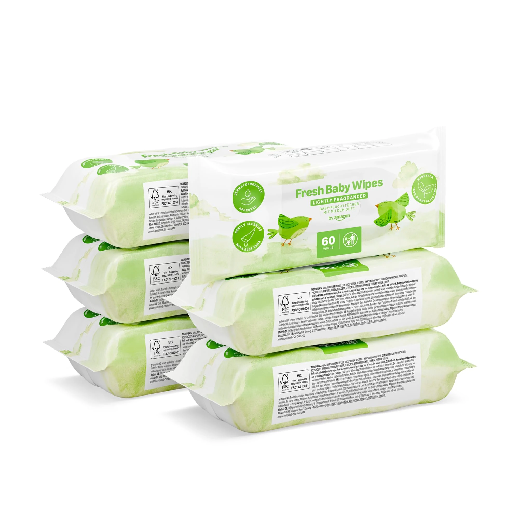 by Amazon Fresh Baby Wipes, 360 Wipes, 6 Pack of 60