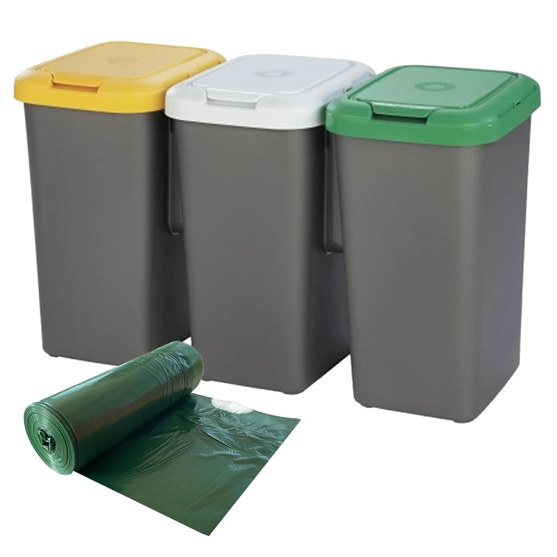 WELL HOME MOBILIARIO & DECORACIÓN 3 x 25 Litre 3 Compartment Bicycle Bin + Roll of 20 Bin Liners 30L