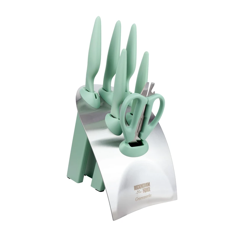 Rockingham Forge Greenworks 7 Piece Knife Block Set with Scissors, Green Recycled Plastic, German Stainless Steel, Dishwasher Safe Kitchen Knives