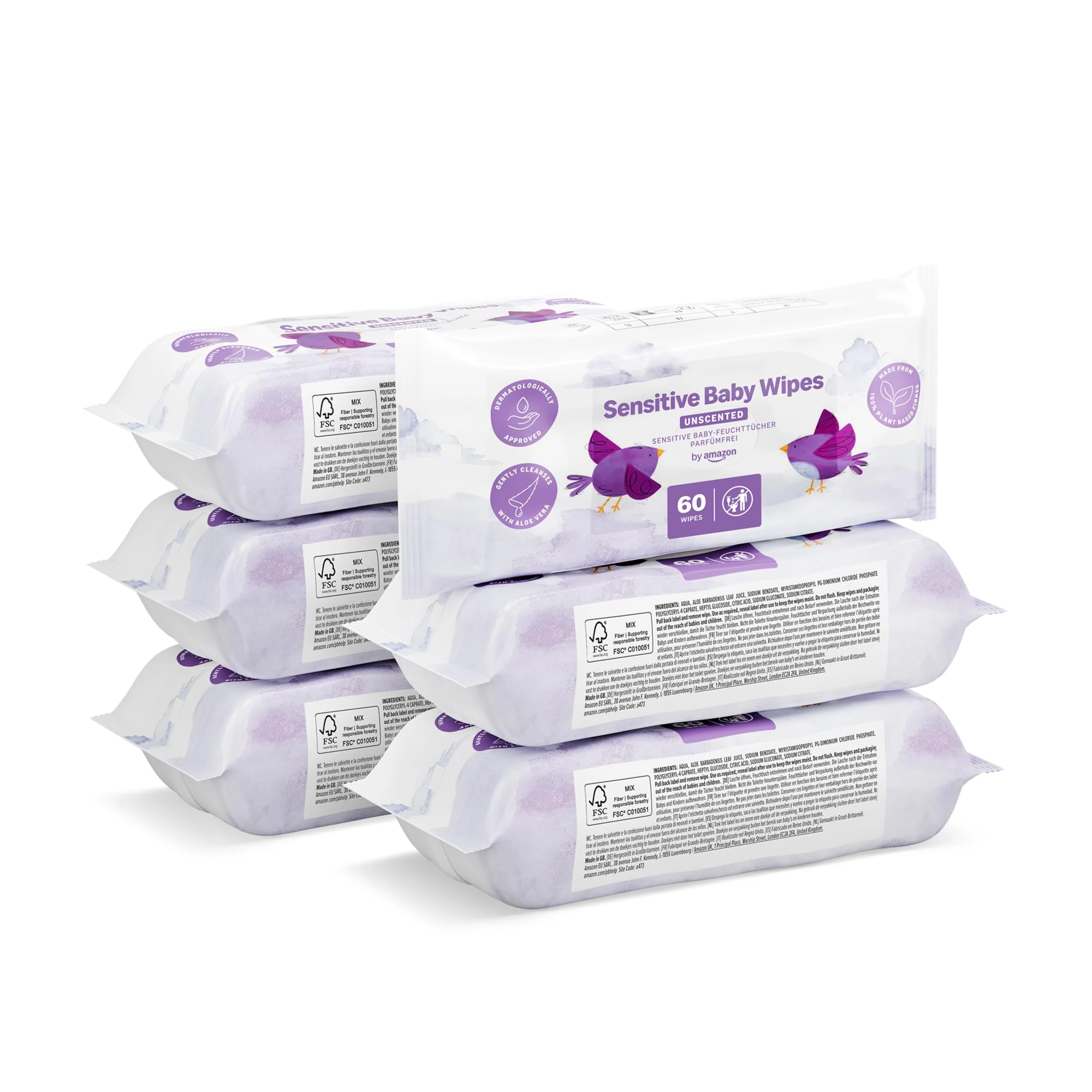 by Amazon Sensitive Baby Wipes, Unscented, 360 Wipes, 6 Pack of 60