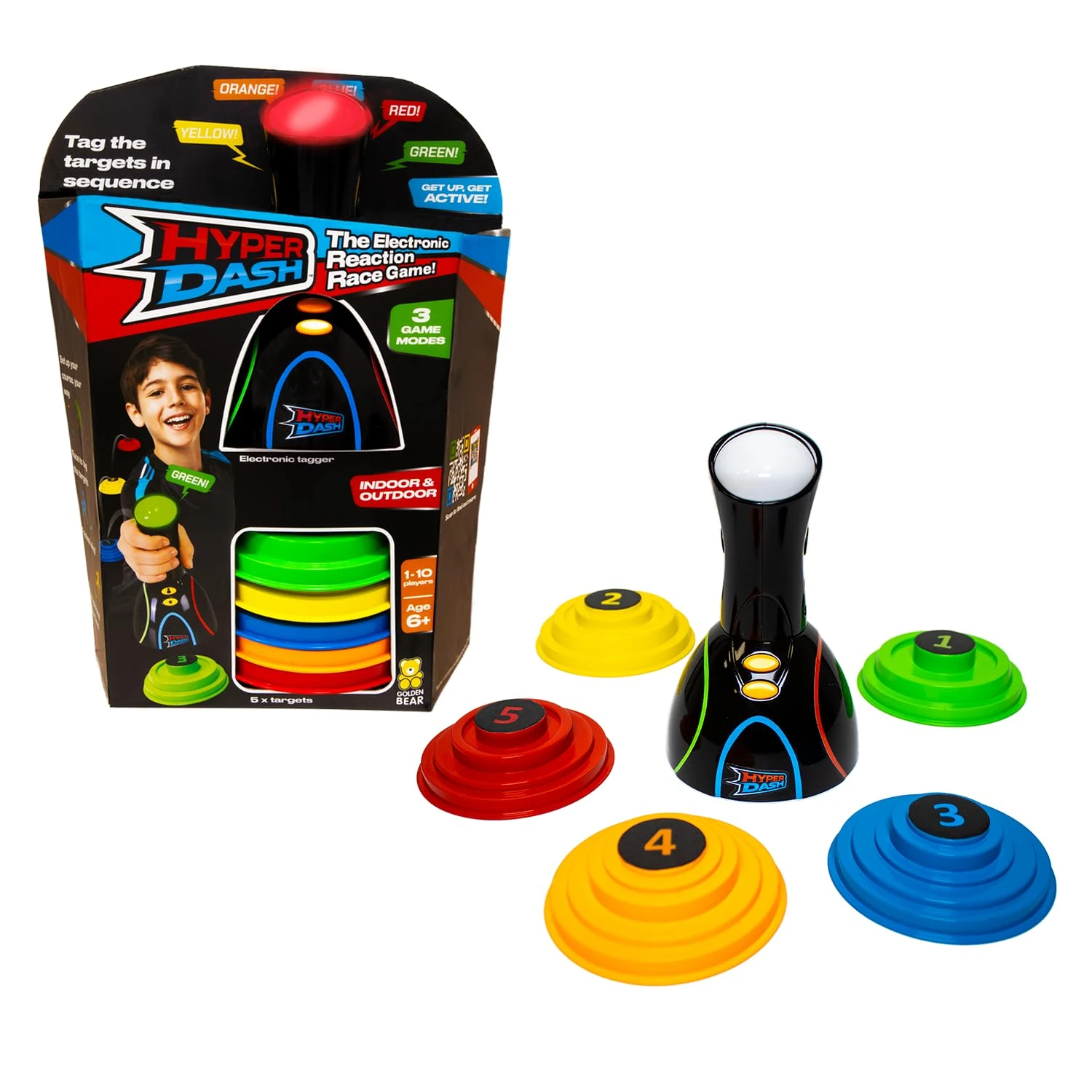 Hyper Dash, fast reaction race game, race against yourself or up to 10 friends to hit the colour targets, 3 play modes, great for family games. Play indoor & outdoor. Age 3+