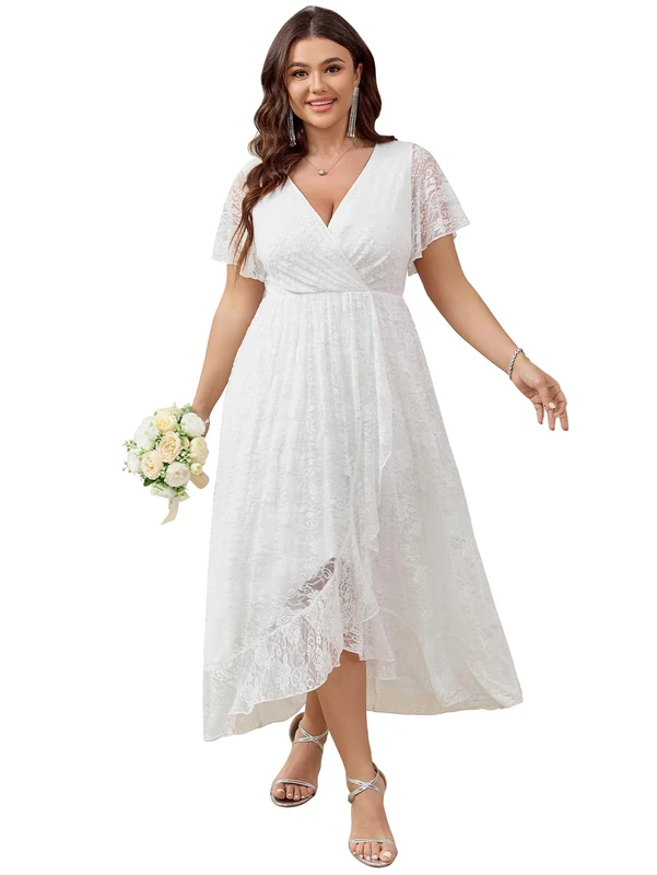 SCOMCHIC Womens Plus Size Wedding Guest Dress Formal Lace Wrap V Neck High Low Short Sleeve Cocktail Maxi Dresses XL-4XL, White, 3XL Plus