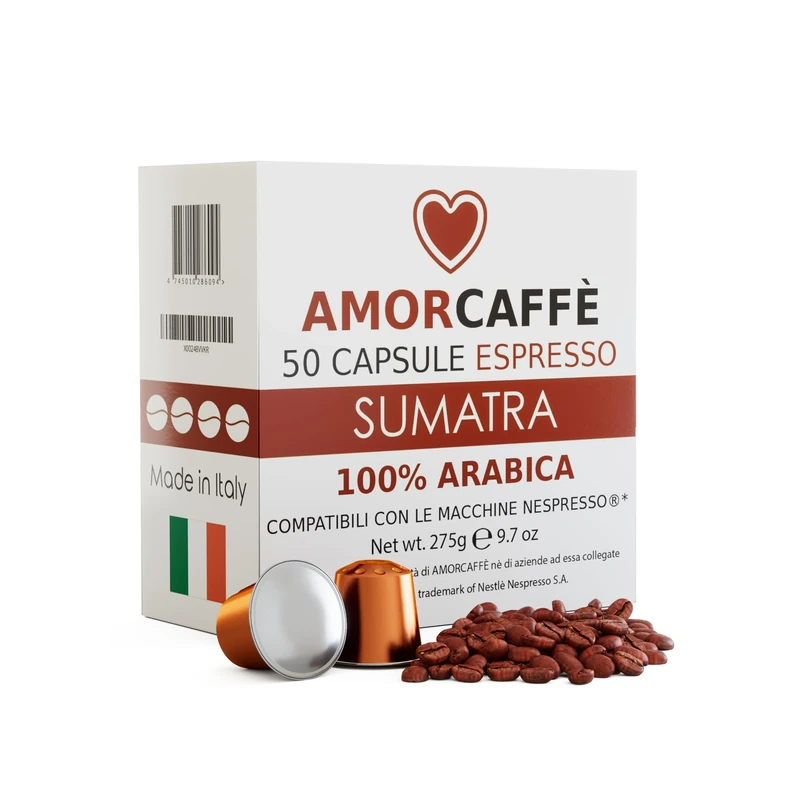 Amorcaffe 50 Aluminium Capsules Compatible with Nespresso Pods - Sumatra Extra Dark Roast, Strong and Bold