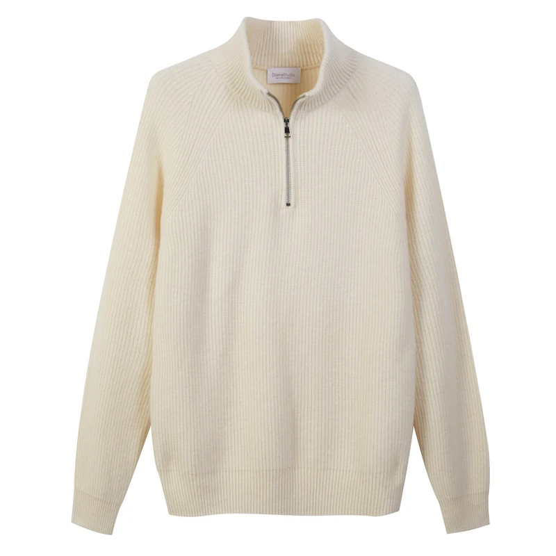 Diana Studio - Men's Pearl White Half Zip Sweater, Wool, Long Sleeves, Size S, Regular Fit, Bright, S/XL