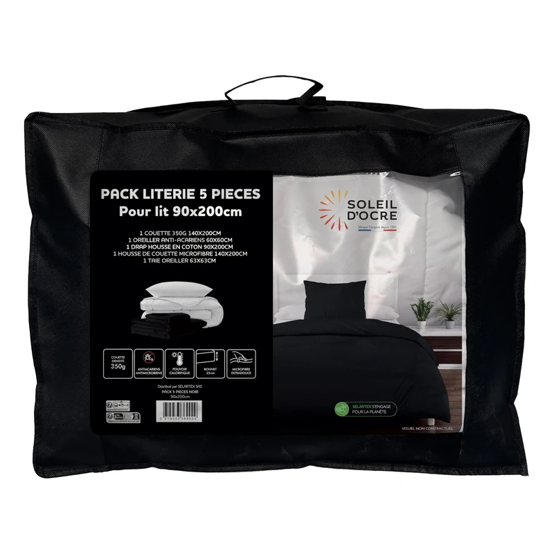 Soleil d'ocre, Boheme 5-Piece Duvet and Bedding Set for Bed 90 x 200 cm Black