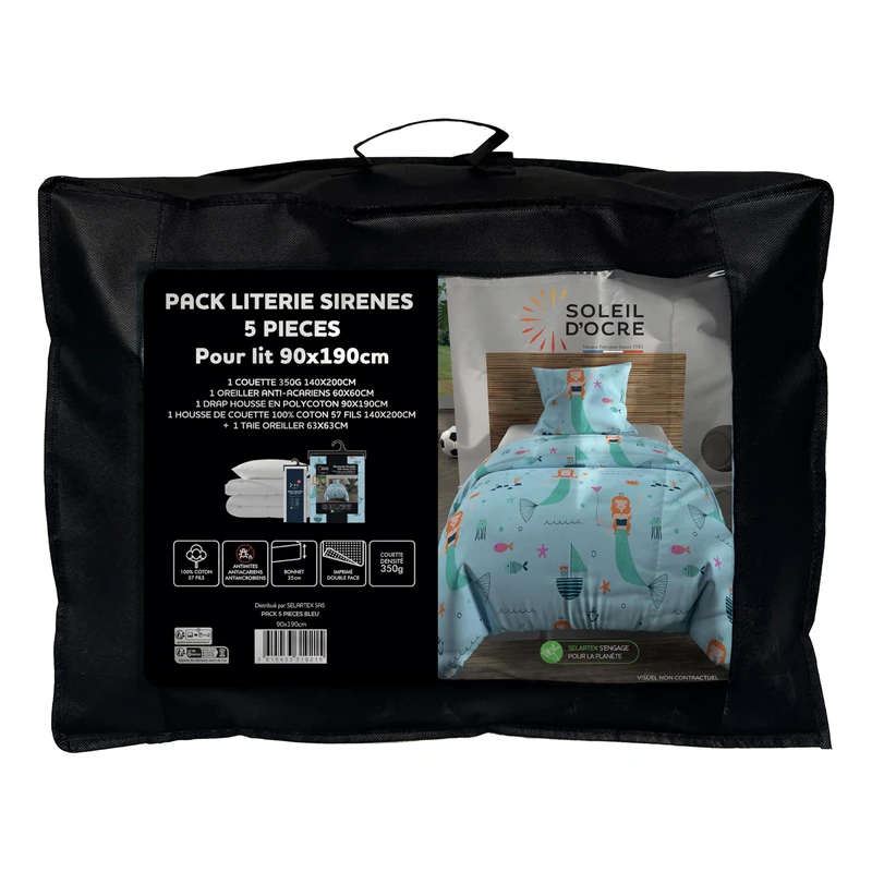 Soleil d'ocre, 5-Piece Mermaid Blue Duvet and Bedding Set for Bed 90 x 190 cm