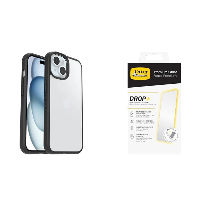 OtterBox Protective Sleek Case Apple iPhone 15 Black Crystal - clear/black - ProPack with Premium Tempered Glass Protector
