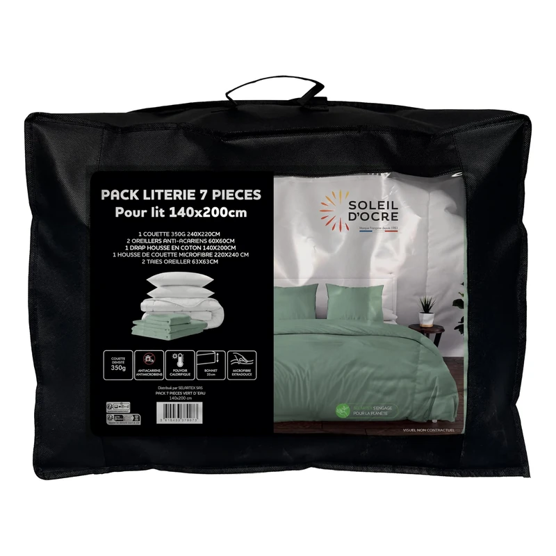 Soleil d'ocre, Boheme 7-Piece Duvet and Bedding Set Water Green for Bed 140 x 200 cm