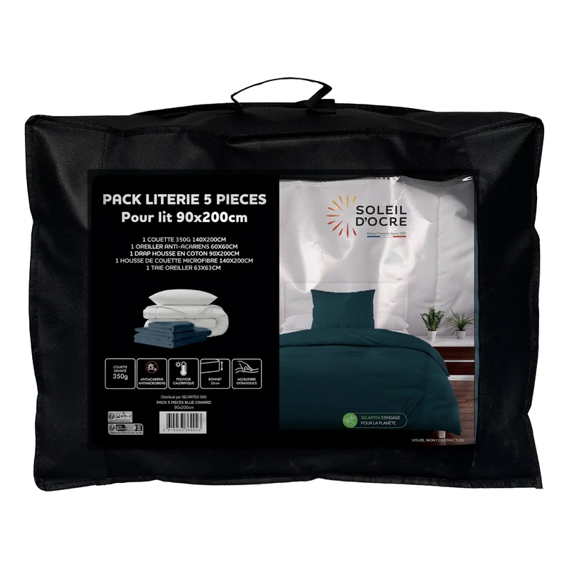 Soleil d'ocre, Boheme 5-Piece Duck Egg Blue Duvet and Bedding Set for Bed 90 x 200 cm