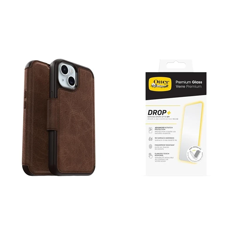 OtterBox Strada MagSafe Apple iPhone 15 Espresso - brown with Premium Tempered Glass Protector