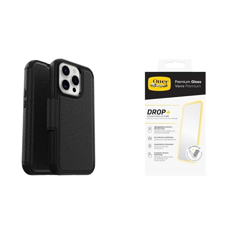 OtterBox Strada MagSafe Apple iPhone 15 Pro Shadow - black with Premium Tempered Glass Protector