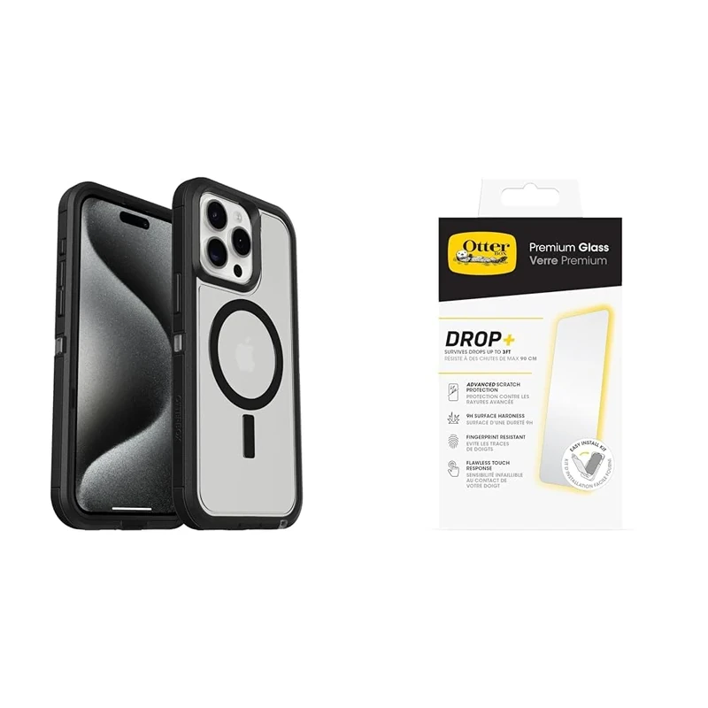 OtterBox Defender XT Clear Apple iPhone 15 Pro Max Dark Side - clear/black - ProPack with Premium Tempered Glass Protector