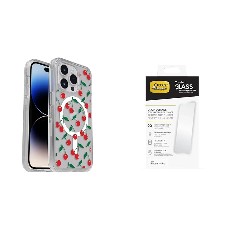 OtterBox Symmetry Plus Clear Apple iPhone 14 Pro CHERRY ON TOP with Premium Tempered Glass Protector
