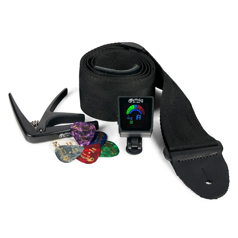 Martin Player Pack – Guitar Accessories Bundle | Capo, Clip-On Tuner, Pickholder Strap, and Multi-Color Pick Set | Essential Starter Kit for Guitar Players