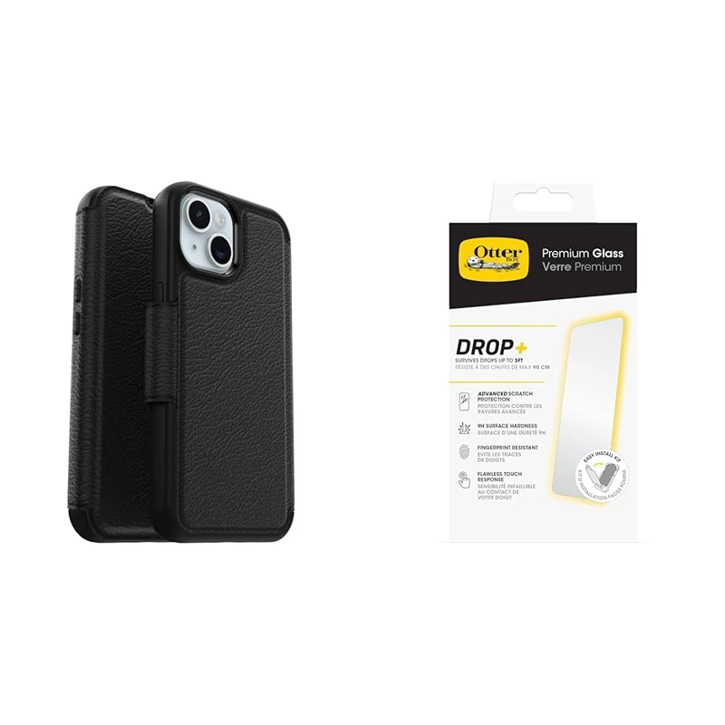 OtterBox Strada MagSafe Apple iPhone 15 Shadow - black with Premium Tempered Glass Protector