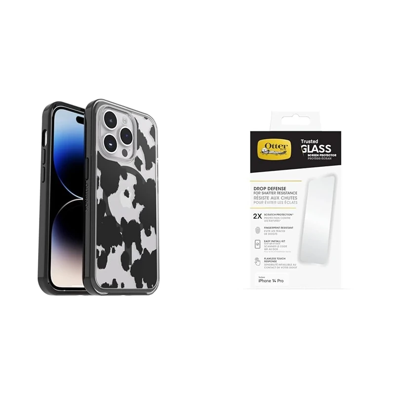 OtterBox Symmetry Plus Clear Apple iPhone 14 Pro COW PRINT with Premium Tempered Glass Protector