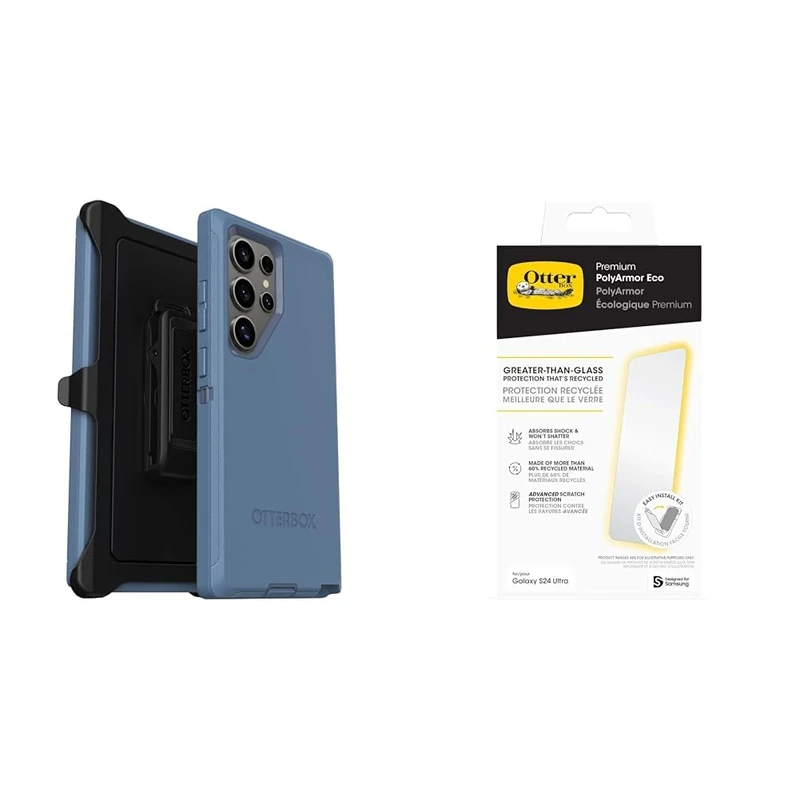 OtterBox Defender Samsung Galaxy S24 Ultra Baby Blue Jeans - blue with Premium Glass Screen Protector