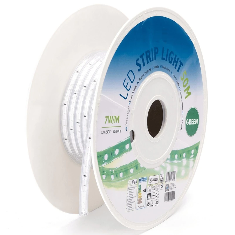VoltShine 50 m 8 mm Green LED Strip with Integrated Circuit, Ideal for Decorative Lighting and Signage.