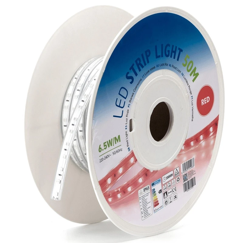 VoltShine 50 m 10 mm red LED Strip with Integrated Circuit, Ideal for Decorative Lighting and Signage.