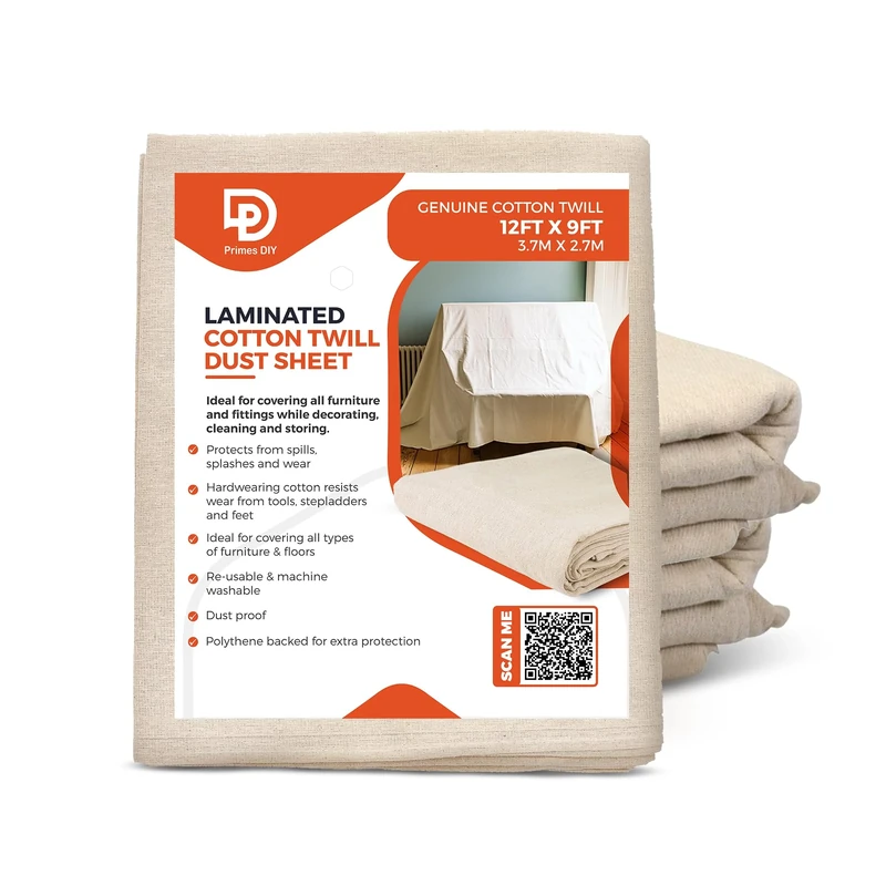 PRIMES DIY Laminated Twill Professional Quality Dust Sheet 12 x 9 ft, Heavy Weight Cotton Painting & Decorating, Durable, Reusable Drop Cloths, Furniture Cover, Natural Canvas, High-Grade Fabric 1PC