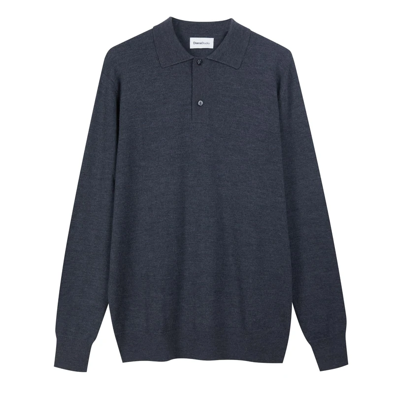 Diana Studio - Men's Basic Polo Shirt, Grey, 100% Merino Wool, Solid Colour, Long Sleeves, Grey, S