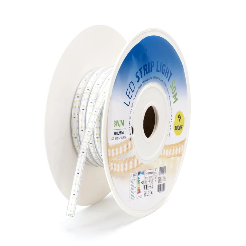 VoltShine 50m 10mm Yellow LED Strip with Integrated Circuit, Ideal for Decorative Lighting and Warm environments.