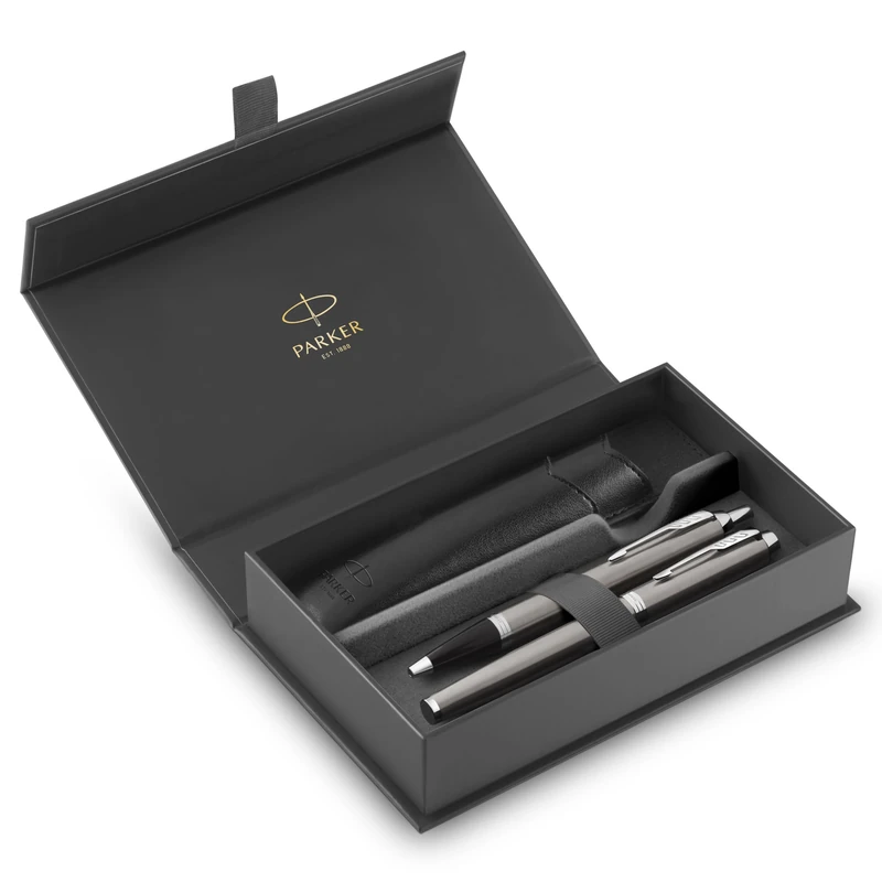 Parker IM Duo Pen Gift Set | Fountain Pen, Ballpoint Pen & Pen Pouch | Stainless Steel Finish with Chrome Trims | Medium Tip | Blue Ink Refills | Perfect Graduation Gifts