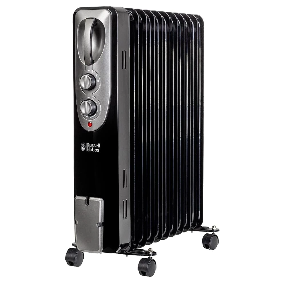 Russell Hobbs 2500W/2.5kW Oil Filled Radiator, 11 Fin Portable Electric Heater - Black, Adjustable Thermostat with 3 Heat Settings, Overheat Protection, 25m sq Room Size 2 Year Guarantee RHOFR1106B