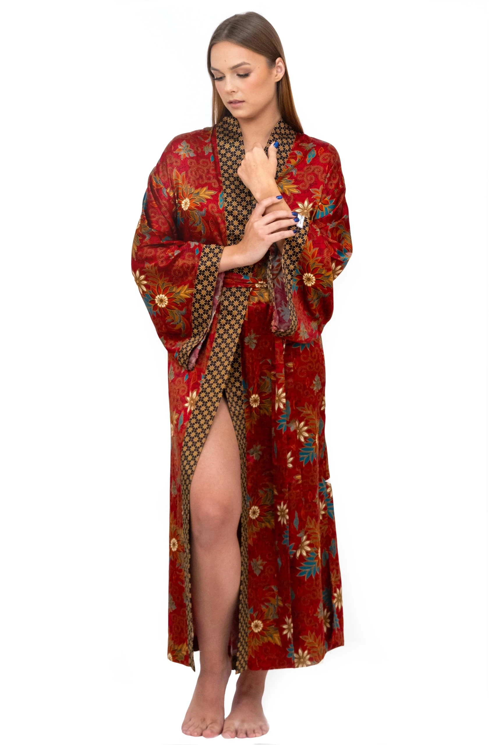 Aphea Fashion Luxury Batik Silk Blend Robe for Women – Long Kimono with Floral Print – Soft, Lightweight, Machine Washable, Red, One Size