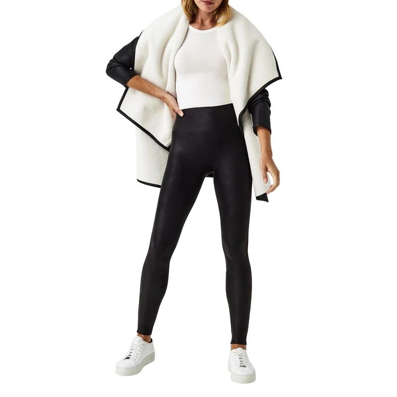 Spanx Faux Leather Fleece-Lined Leggings - Tummy Control Legging - Contoured Power Waistband Stomach Compression - High Waist - Black - L - Image 1