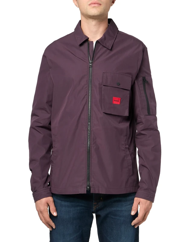 HUGO Men's Cotton Mix Canvas Zip Up Overshirt, Grape, XL