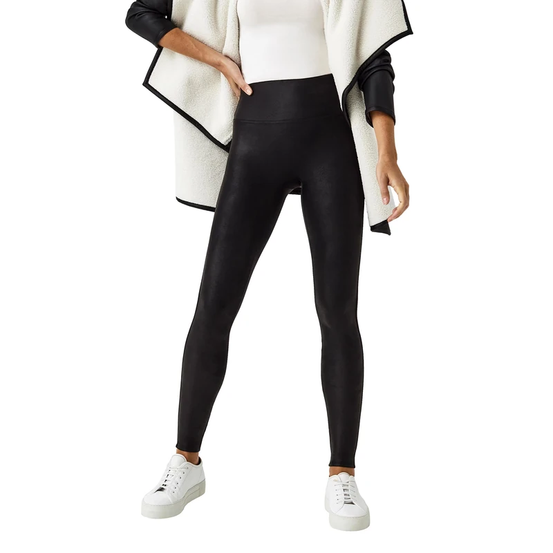 Spanx Faux Leather Fleece-Lined Leggings - Tummy Control Legging - Contoured Power Waistband Stomach Compression - High Waist - Black - M