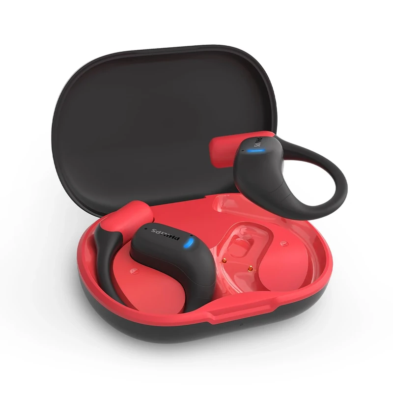 Philips TAA6709 True Wireless Air Conduction Open Ear Sports 5.3 Bluetooth Headphones, 28 Hours playtime, IP55 Dust/Water Protection, Slimline Charging Case - Red and Black
