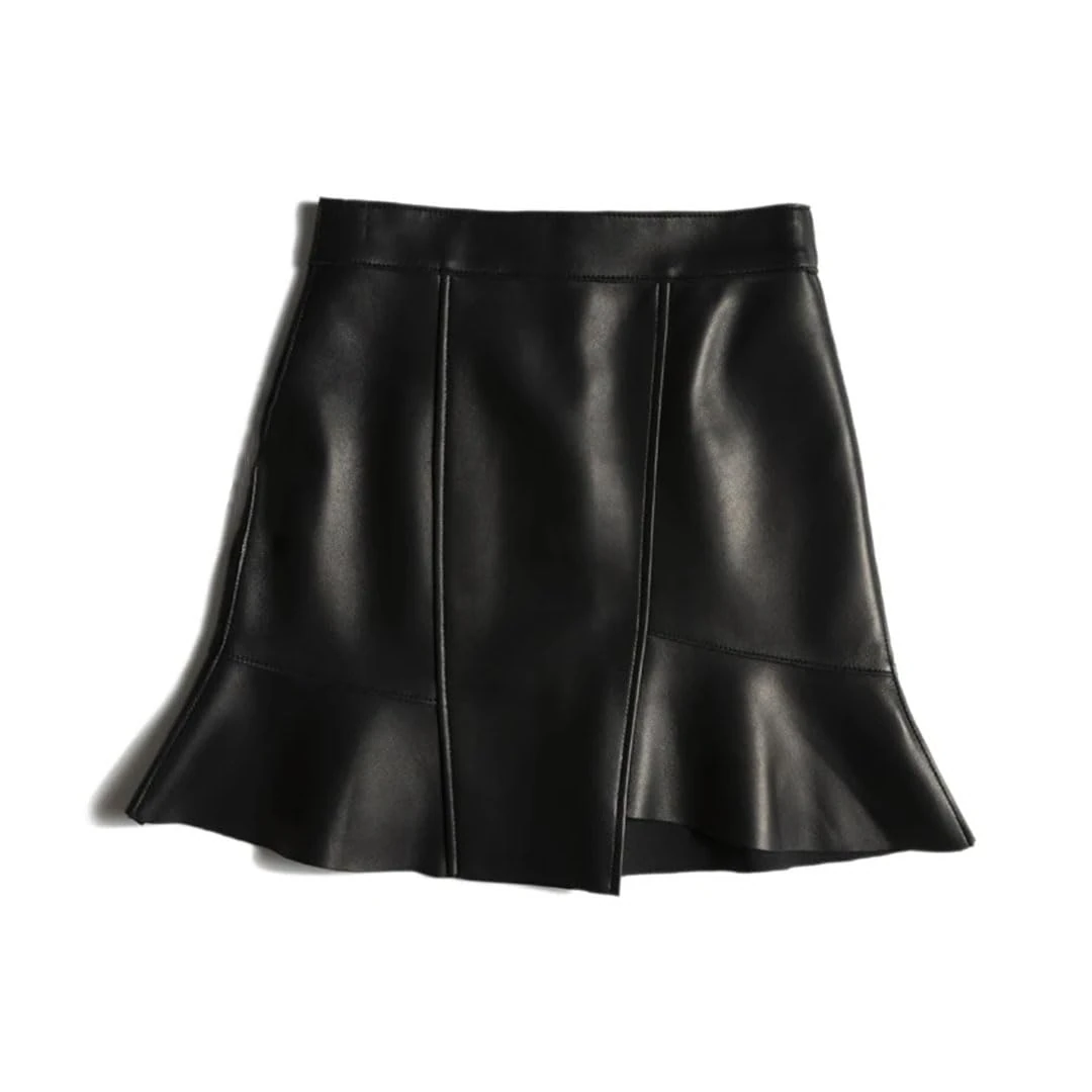 Leather Mini Skirt for Women Irregular Short High Waist Ruffled Black XXL