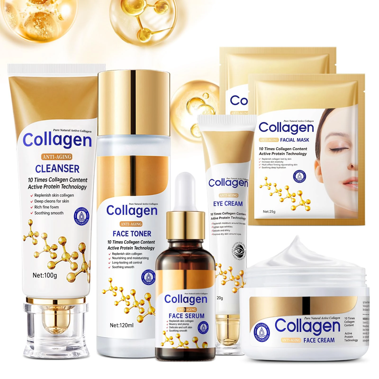 Collagen Skin Care Set, Anti Aging Skincare Set for Wrinkles & Fine Lines, Shrink Pores, Hydrate & Firm Skin, 7 Pcs Skincare Kits for Women with Cleanser, Toner, Serum, Cream, Eye Cream, 2 Pcs Masks.