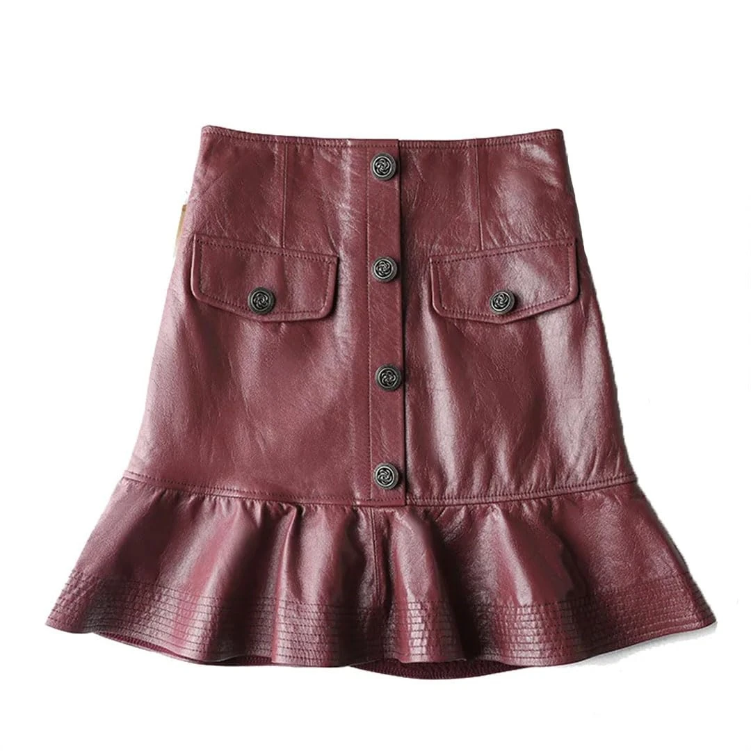 Women Leather Mini Skirt Sheepskin Lotus Leaf Swing Sexy Short Wrap Skirt Burgundy S