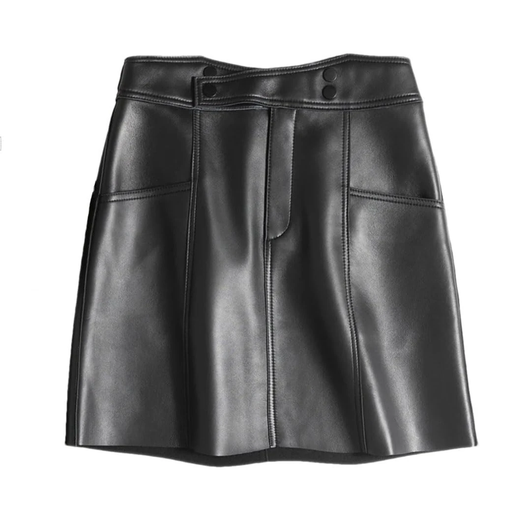 Women Leather Mini Skirts Korean Chic High Cross Waist A-Line Pocket Slim Sexy Streetwear Black S