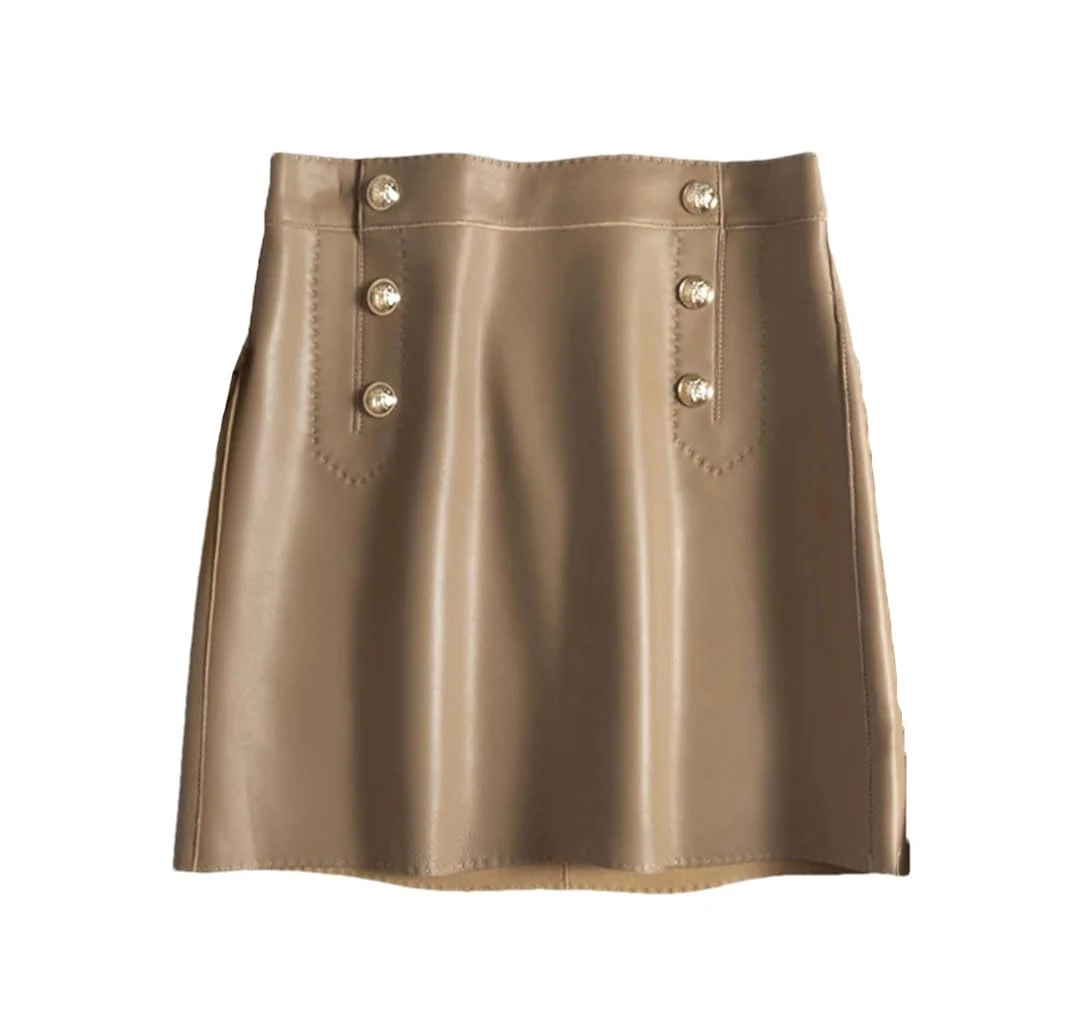 Women Lambskin Mini Skirts High Waist Wrap Leather Khaki Double Breasted Metal Button Short Skirt Khaki XL