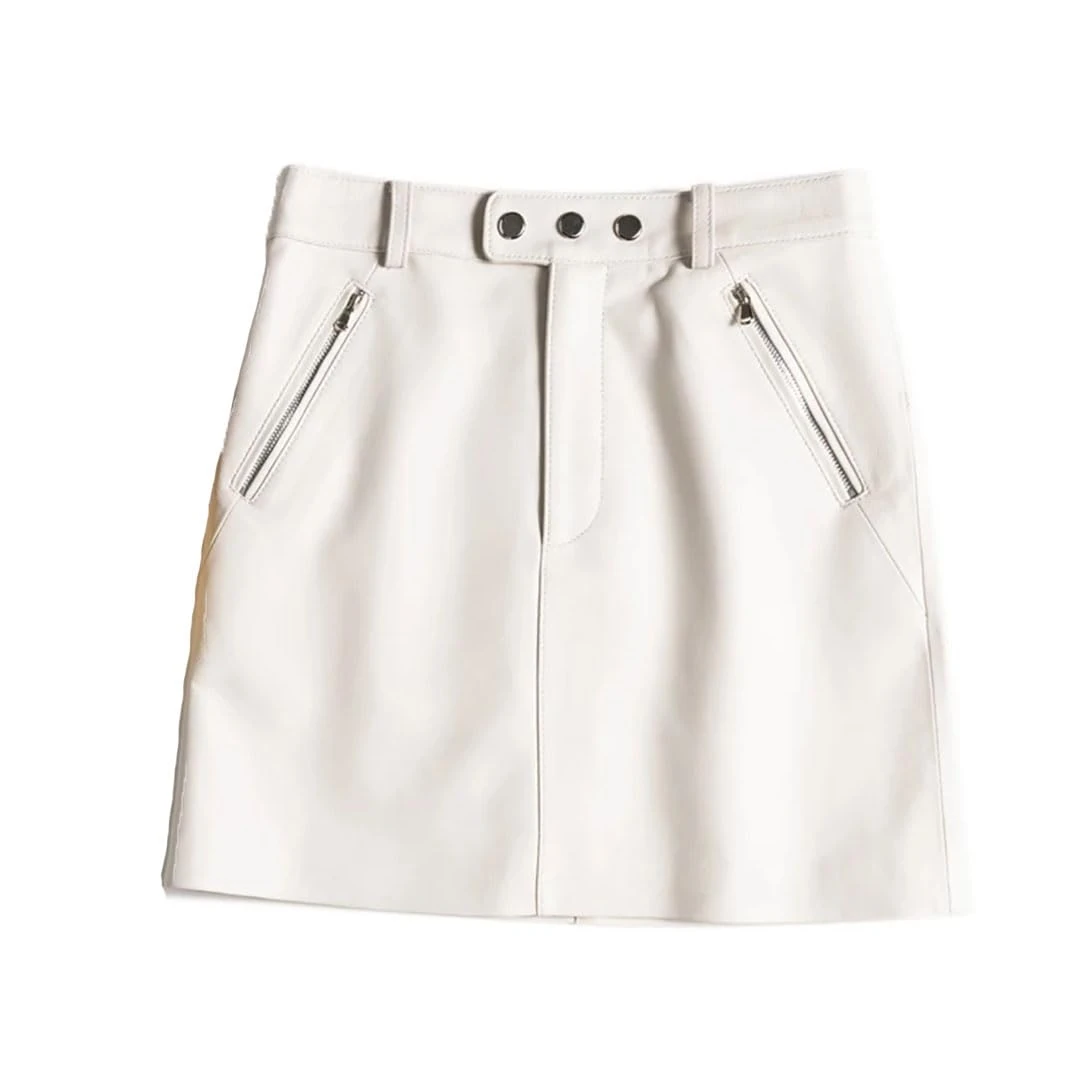 Women Genuine Leather Sexy Mini Skirt High Waist Buttons Retro A-Line Skirt White L