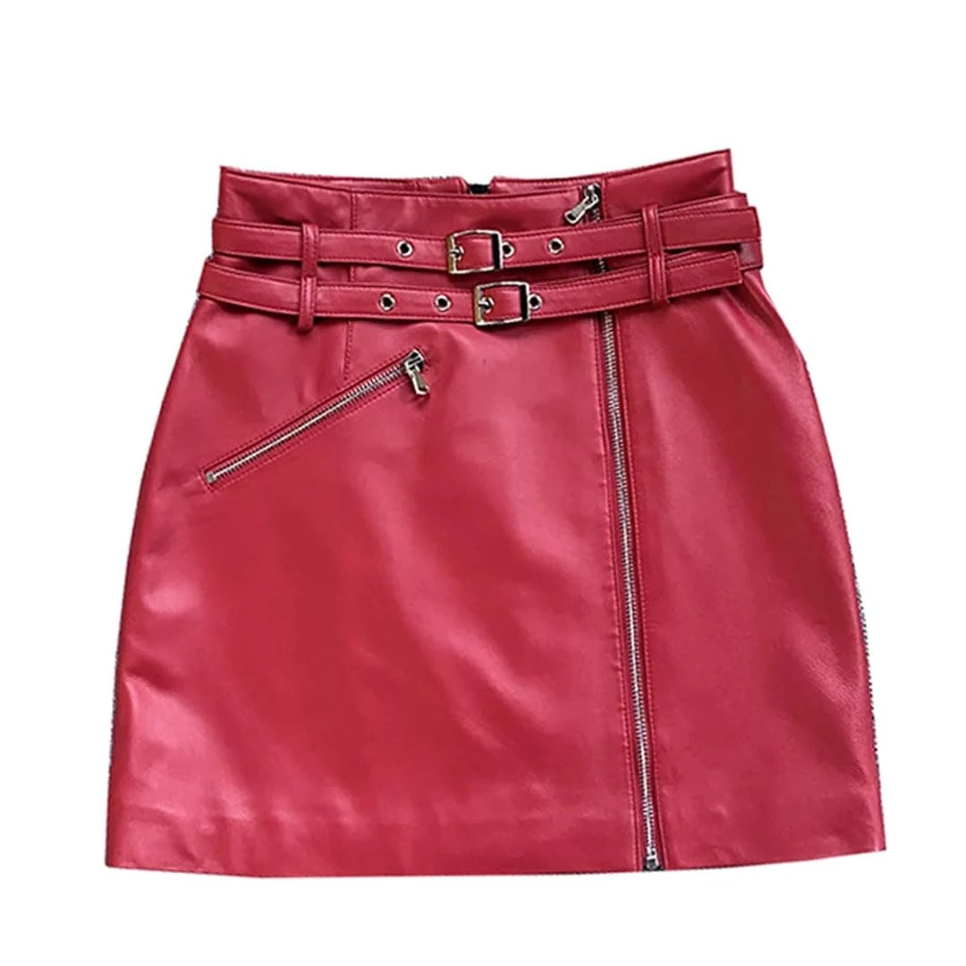 Women's Mini Leather Skirt Double Belt Split Zippers Motorcycle High Street A-Line Skirt Red XXL