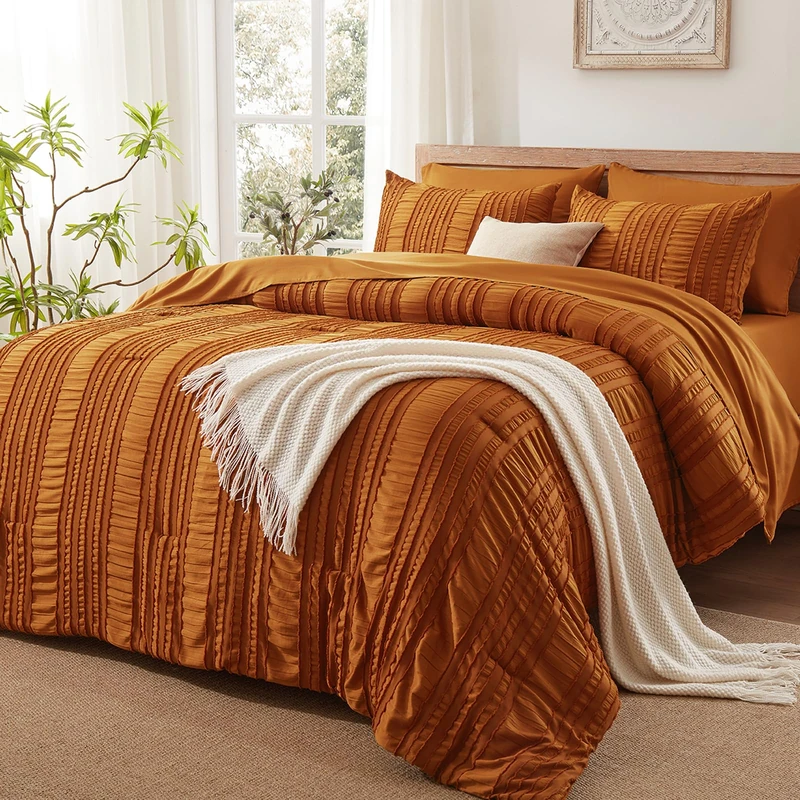 Burnt Orange Tufted Textured Comforter Set Queen Size, 7 Piece Bed in a Bag，Shabby Chic Boho Bedding for Bedroom Comforter，All Season Soft Microfiber Ruffle Comforter Set with Pillow and Sheets